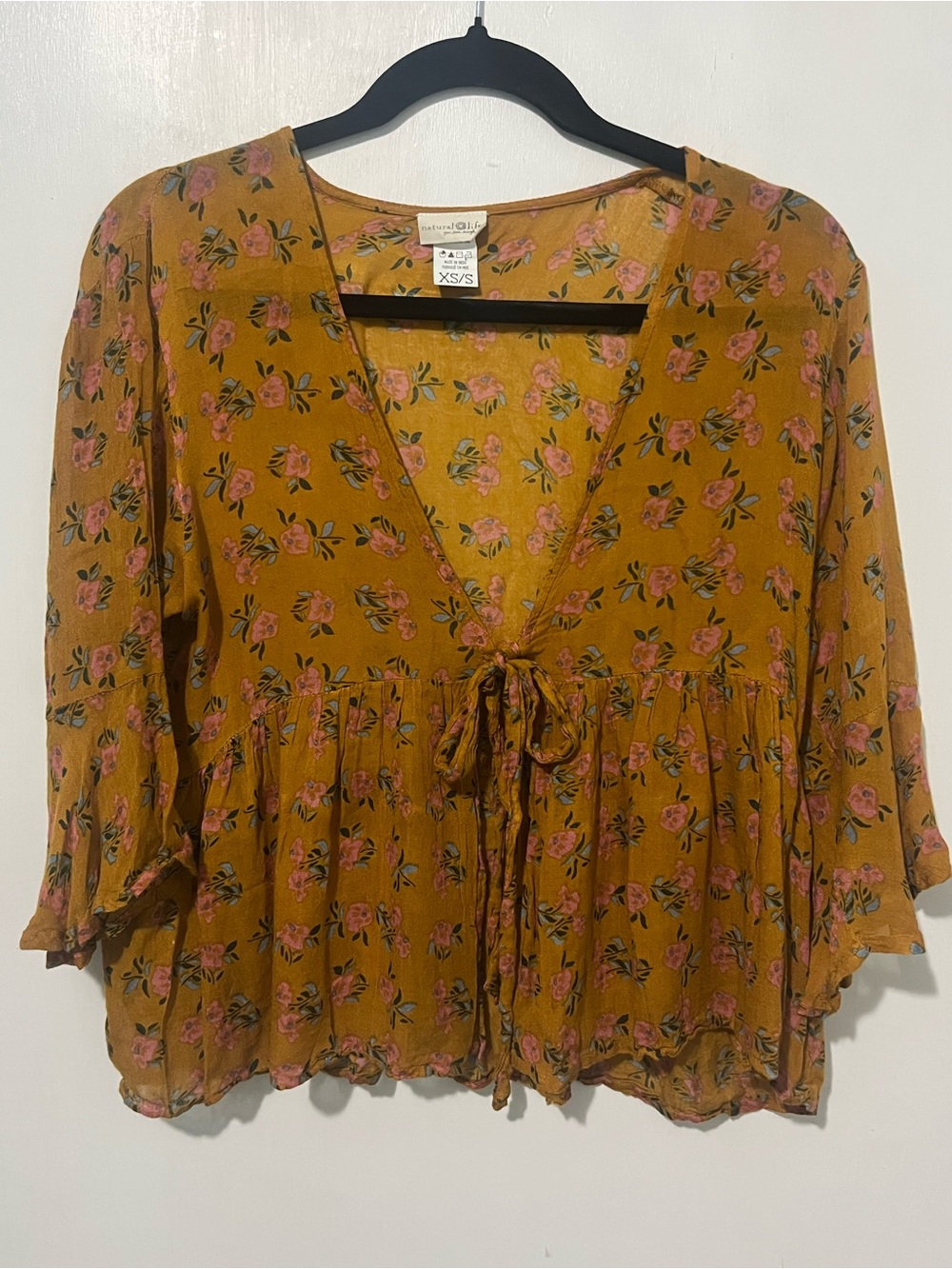Natural Life Mustard Floral Tie-Front Blouse